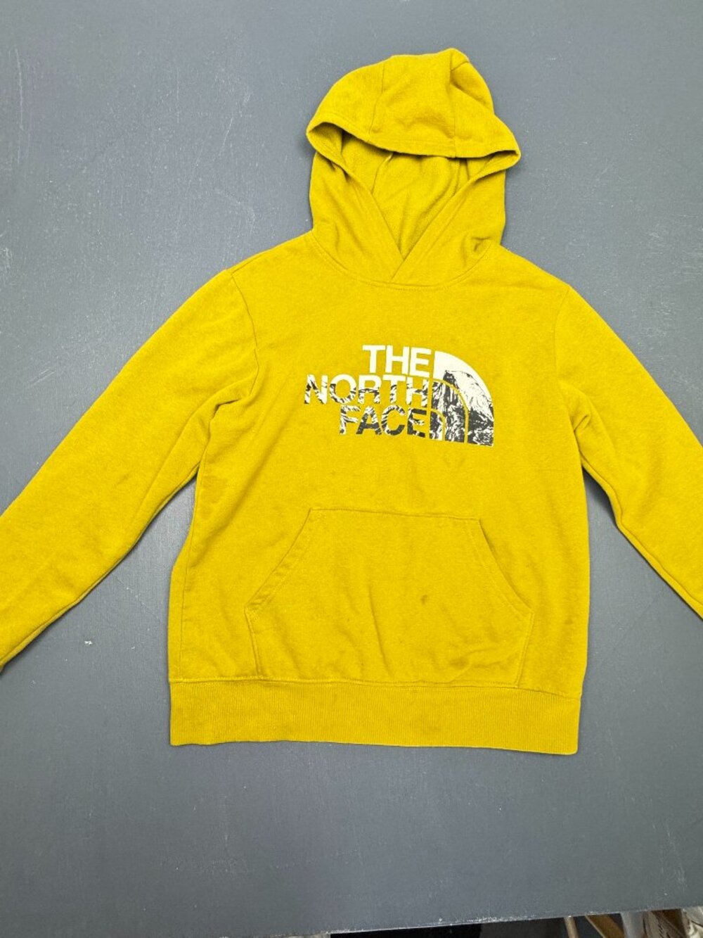 The North Face Kids Unisex Hoodie Yellow Graphic Pullover Sweatshirt Size Small